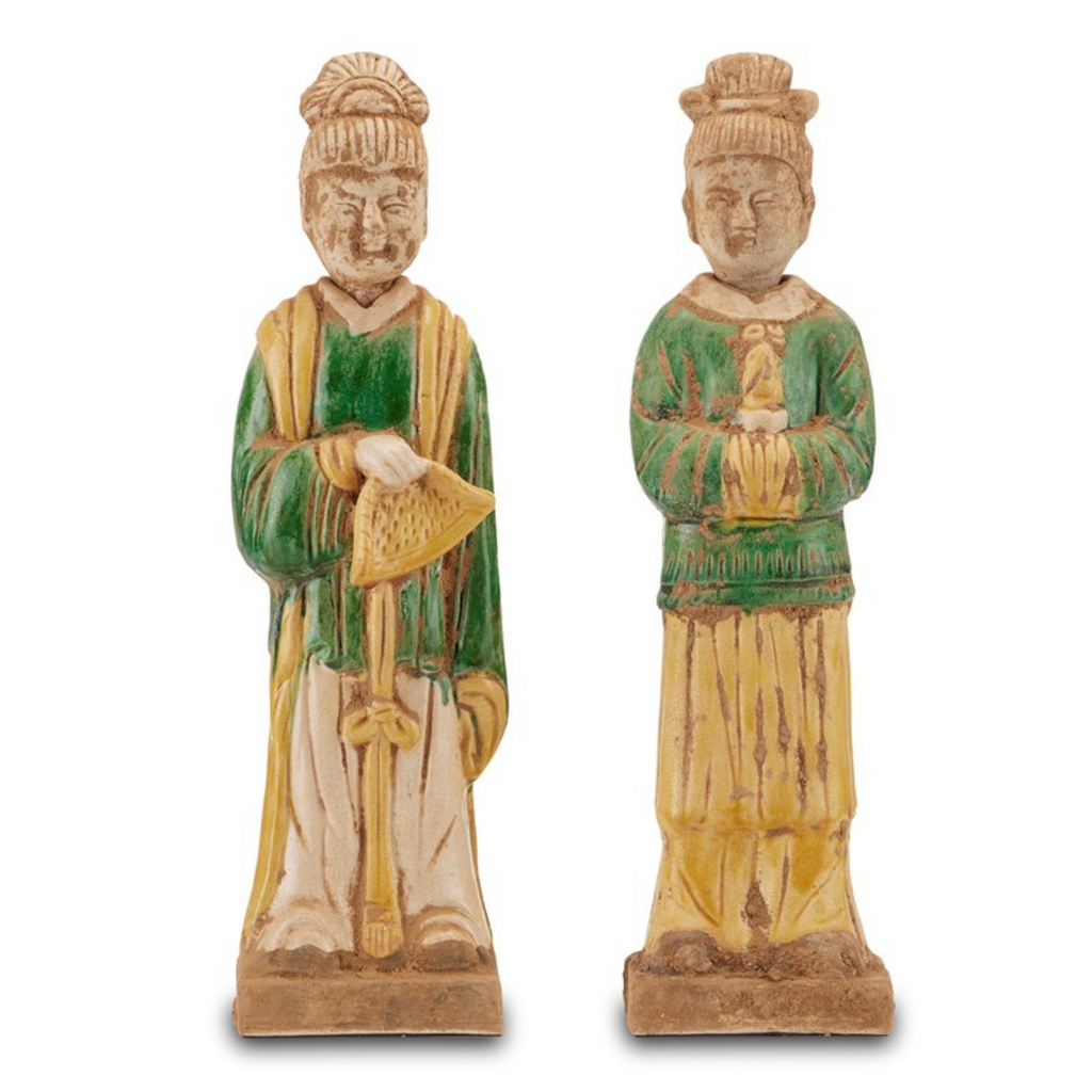 Tang Dynasty Servants Figurines in Green And Yellow - The Well Appointed House 