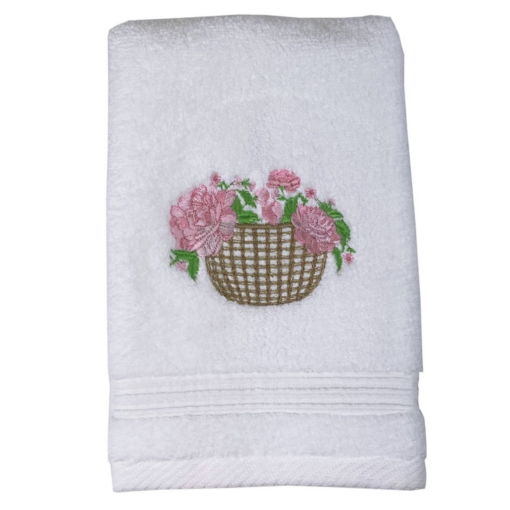 Terry Guest Towel With Embroidered Basket of Pink Peonies - The Well Appointed House
