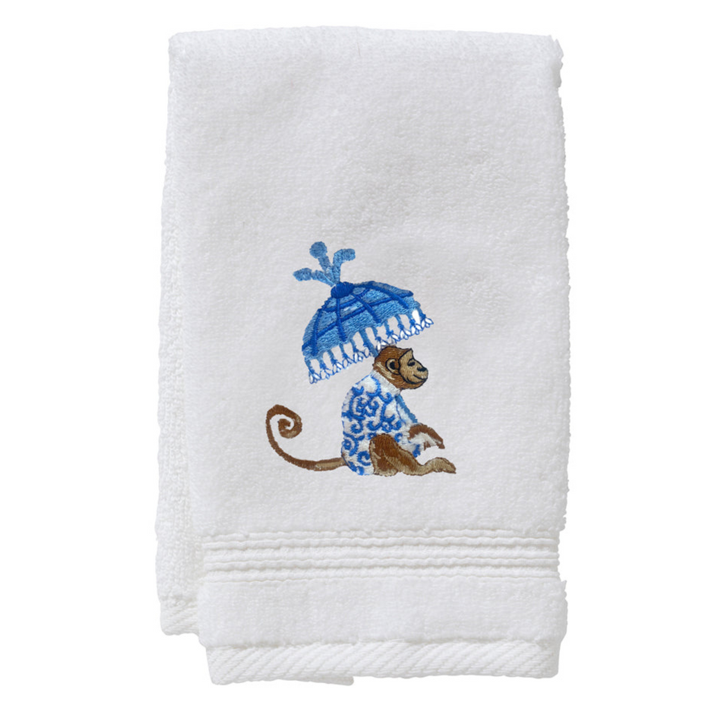 Terry Guest Towel With Embroidered Blue Monkey & Umbrella - The Well Appointed House