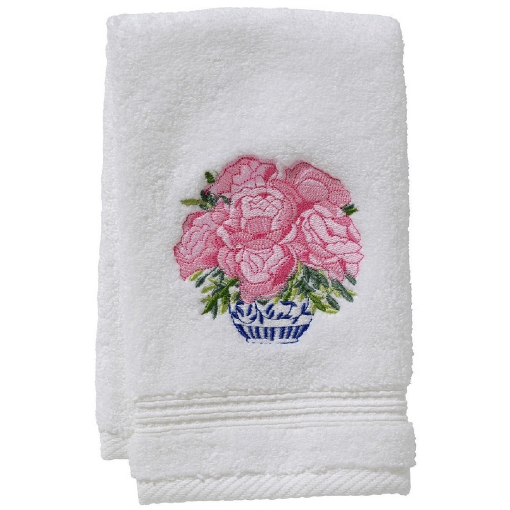 Terry Guest Towel With Embroidered Pot of Pink Peonies - The Well Appointed House