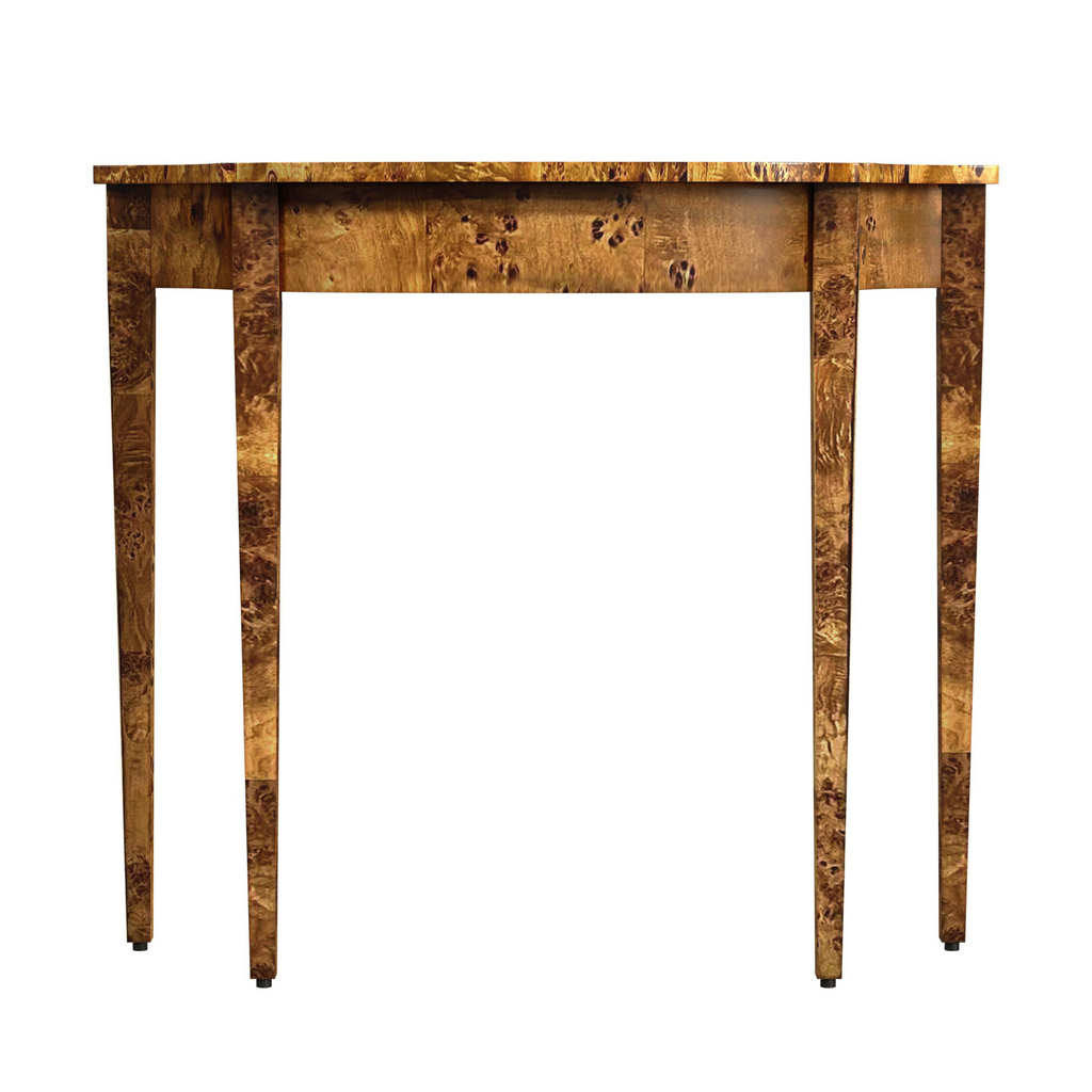Traditional Burl Demilune Console Table in Medium Brown - The Well Appointed House