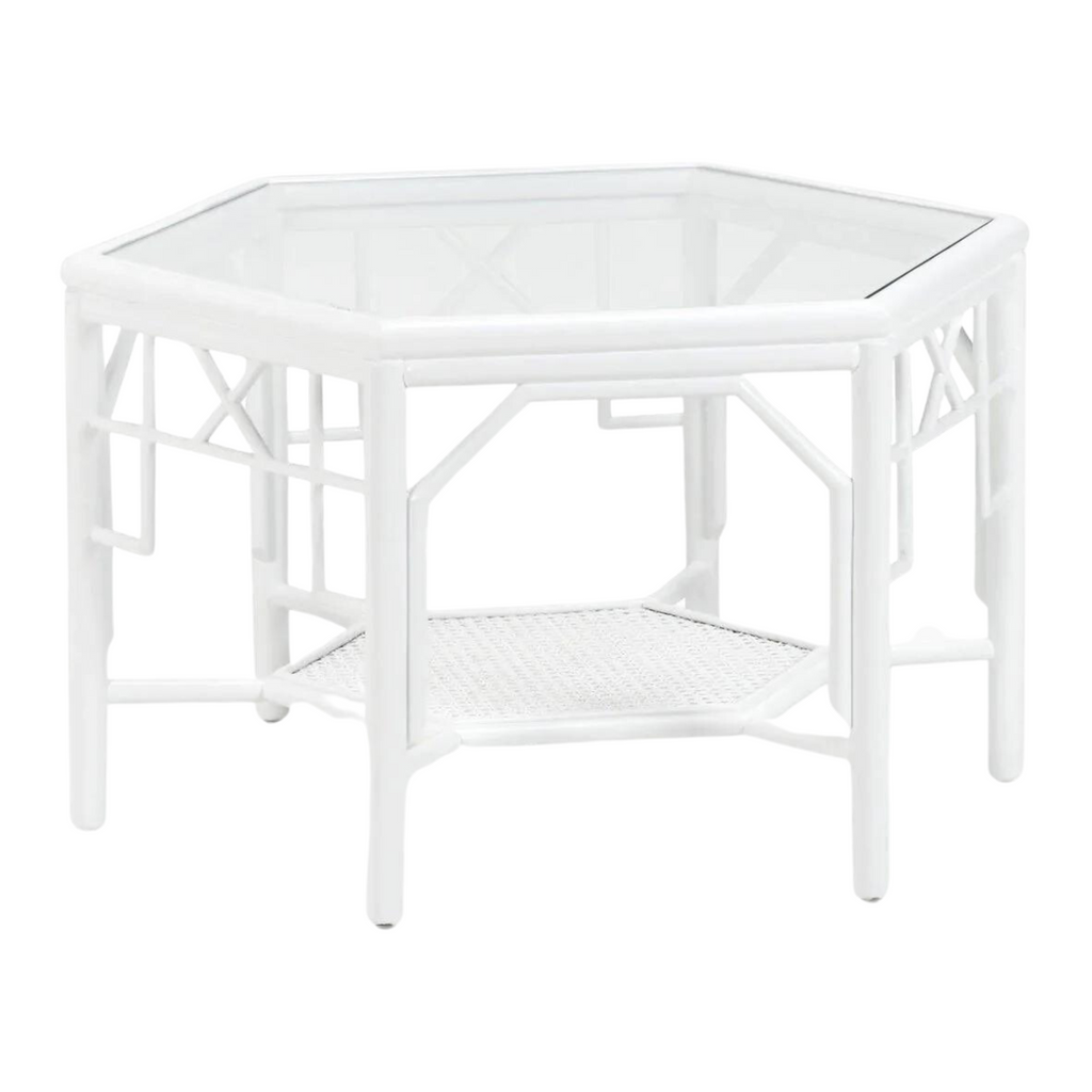Wild Palm White Rattan Fretwork Hexagon Cocktail Table With Glass Top - Side & Accent Tables - The Well Appointed House