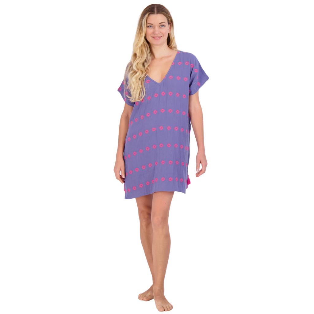 Capucine Women's Mini Caftan Dress Periwinkle Embroidery - The Well Appointed House