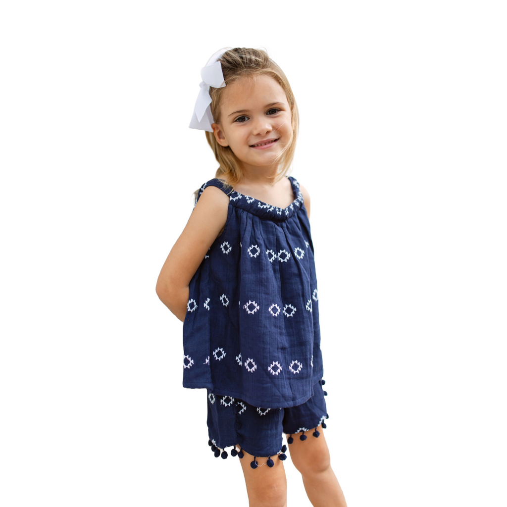 Colette Girl's Top And Short Set Navy Embroidery - The Well Appointed House