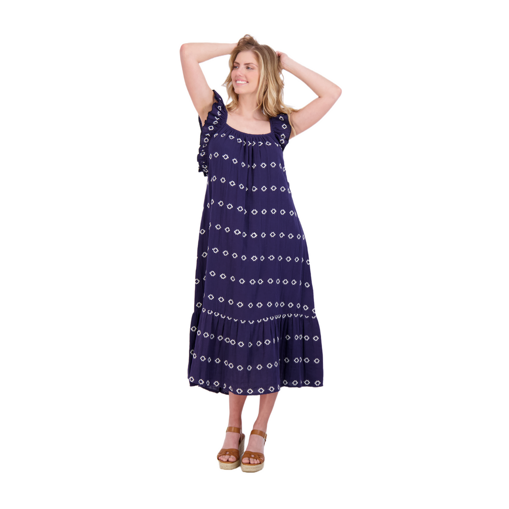 Eva Women's Ruffle Sundress Navy Embroidery - The Well Appointed House