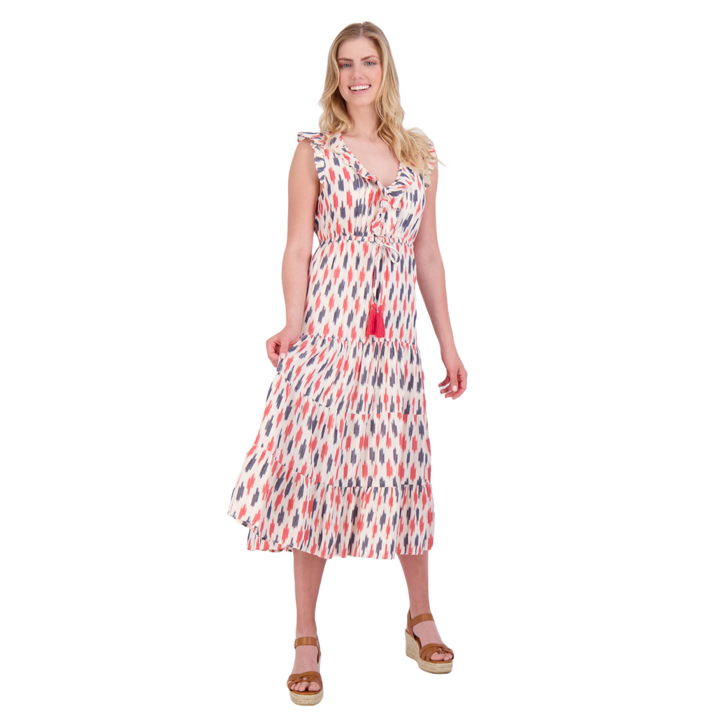 Giselle Women's Maxi Dress Cream Red Navy Ikat - The Well Appointed House