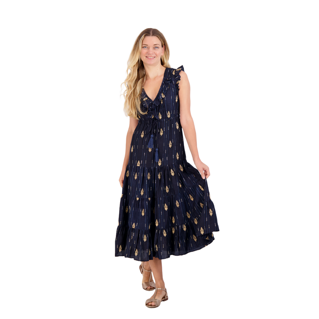 Luxe Giselle Women's Maxi Dress Navy Silk Dupioni - The Well Appointed House