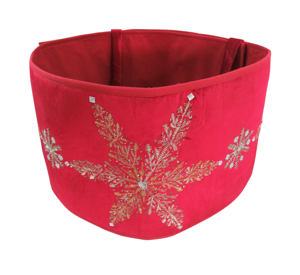 Handmade Adjustable Christmas Tree Collar - Silver Snowflakes on Red Velvet - The Well Appointed House