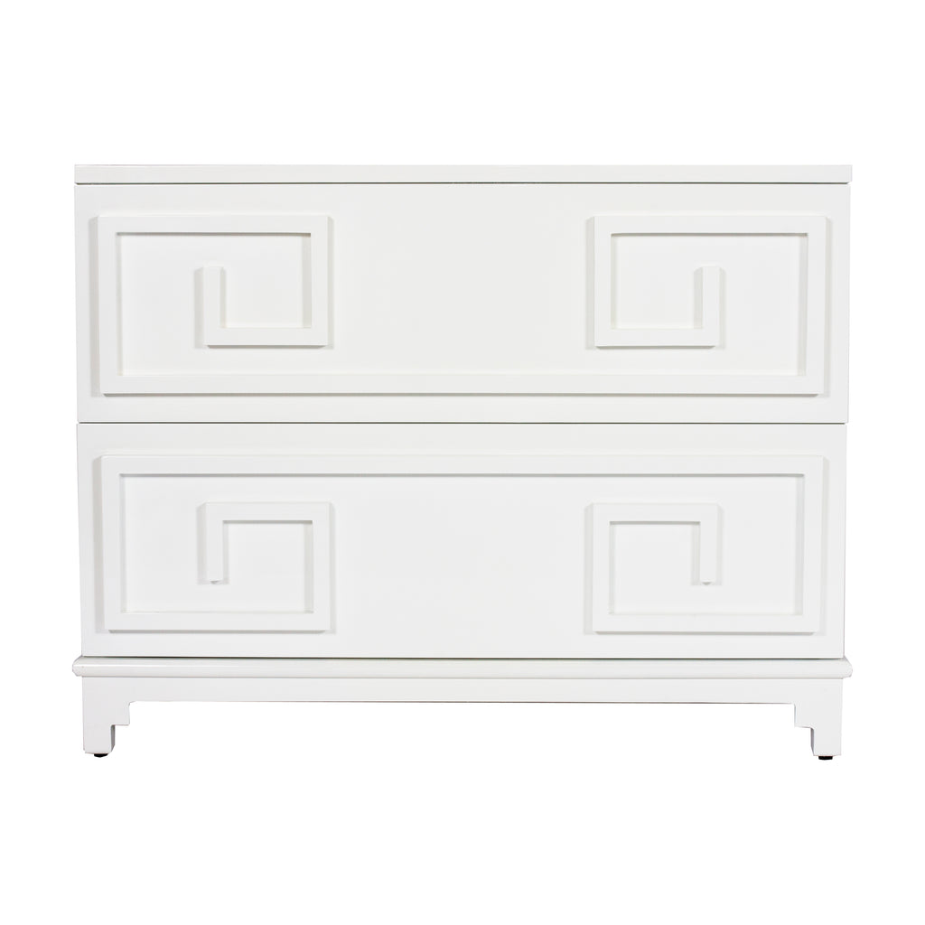 Wrenfield White Lacquer Pagoda Style Greek Key 2 Drawer Chest With Mirrored Top - Nightstands & Chests - The Well Appointed House