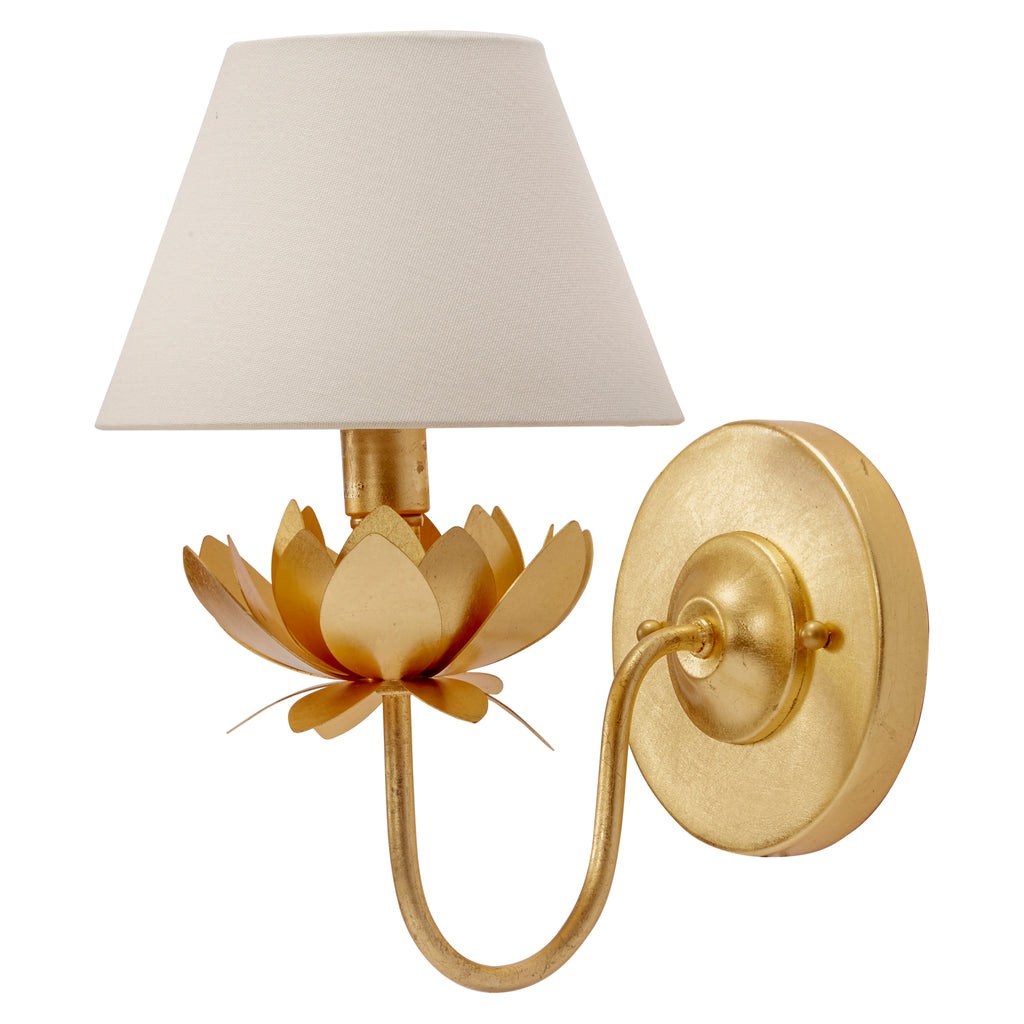 Mallory Gold Leaf Wall Sconce with White Linen Shade - The Well Appointed House