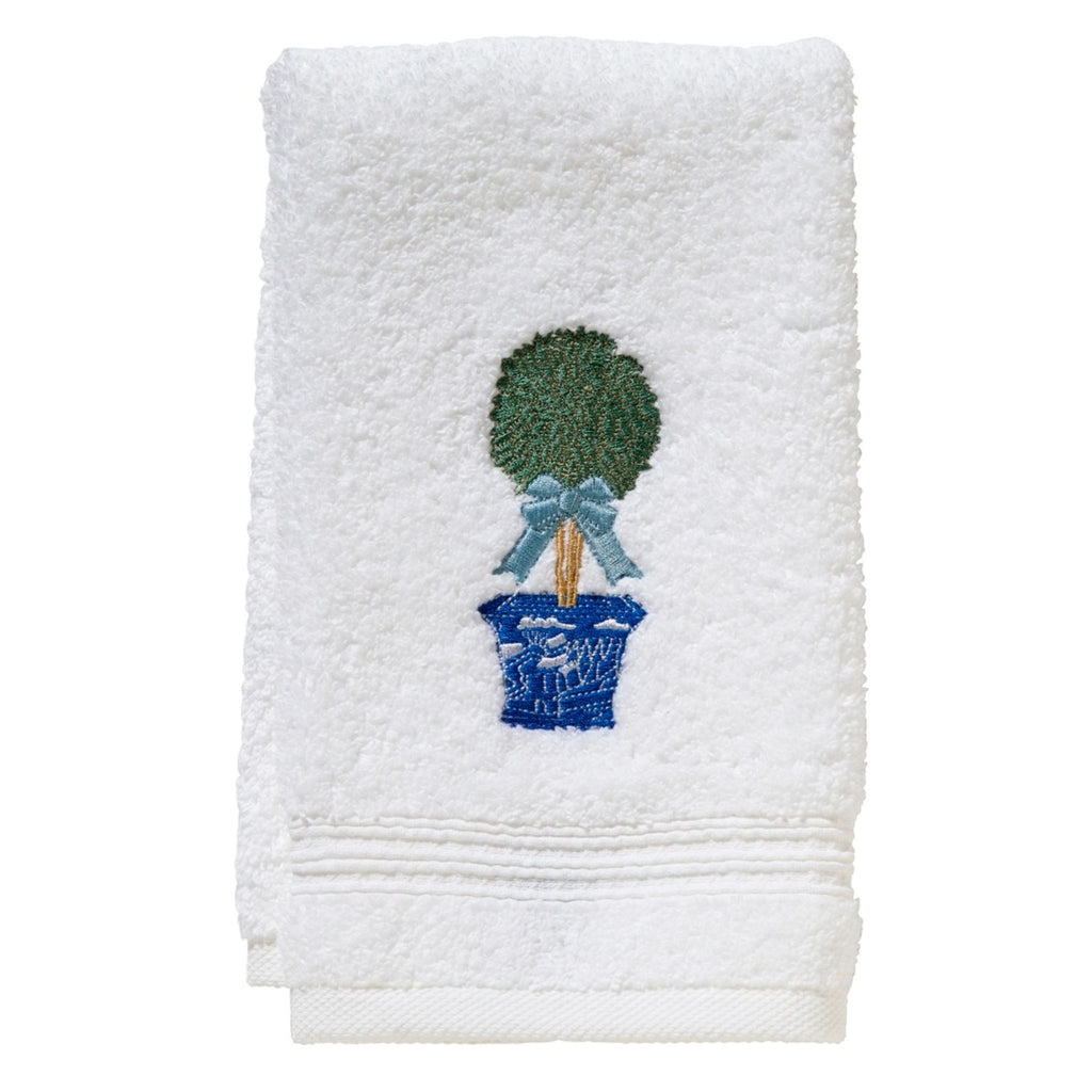 White Cotton Terry Guest Towel with Embroidered Boxwood Topiary-The Well Appointed House