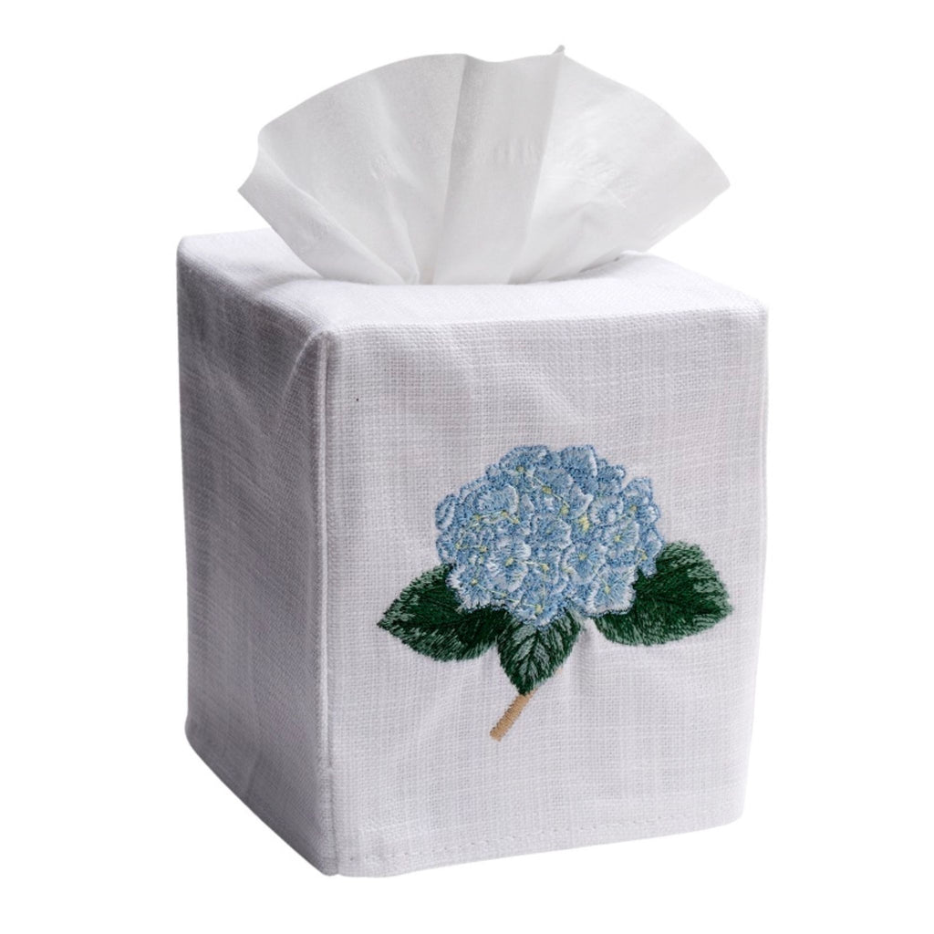 White Linen and Cotton Tissue Box Cover with Embroidered Blue Hydrangea-The Well Appointed House