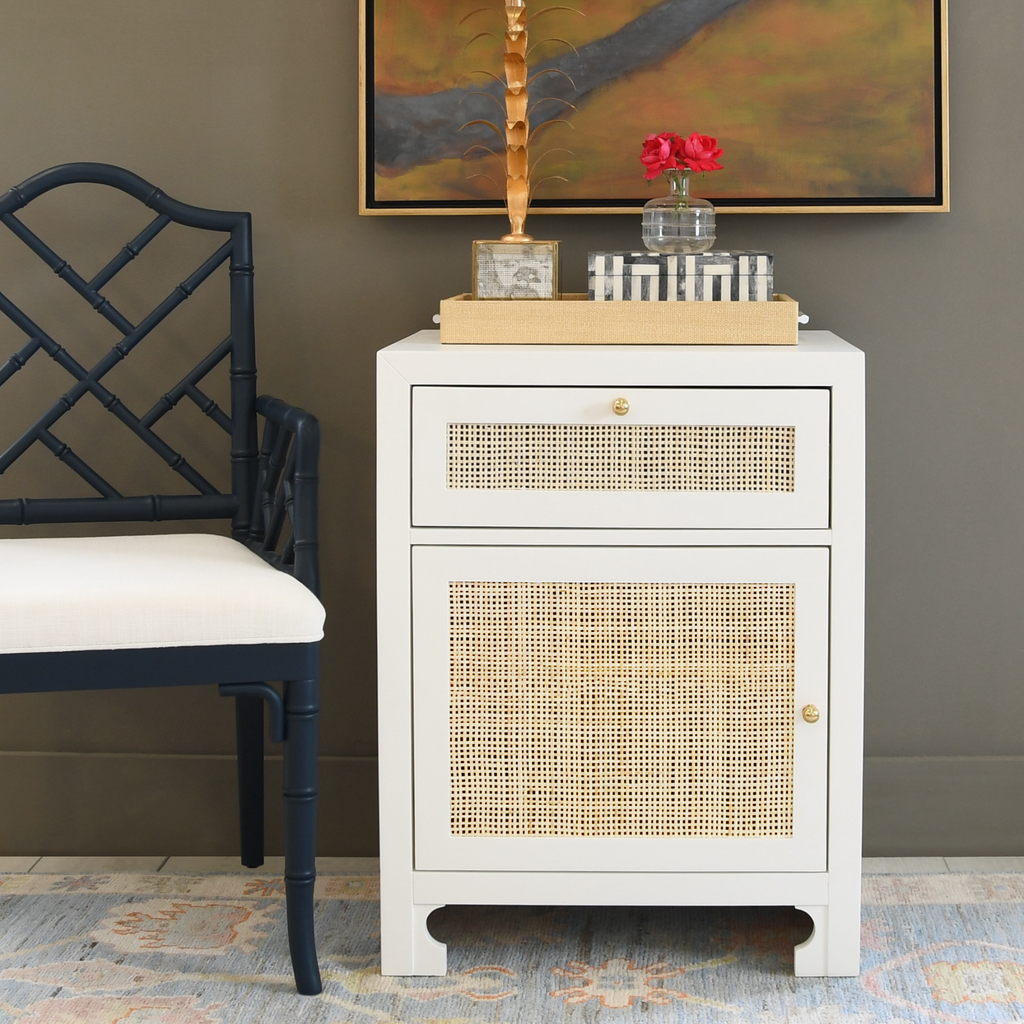 White One Door Cabinet with Cane Door - Nightstands & Chests - The Well Appointed House