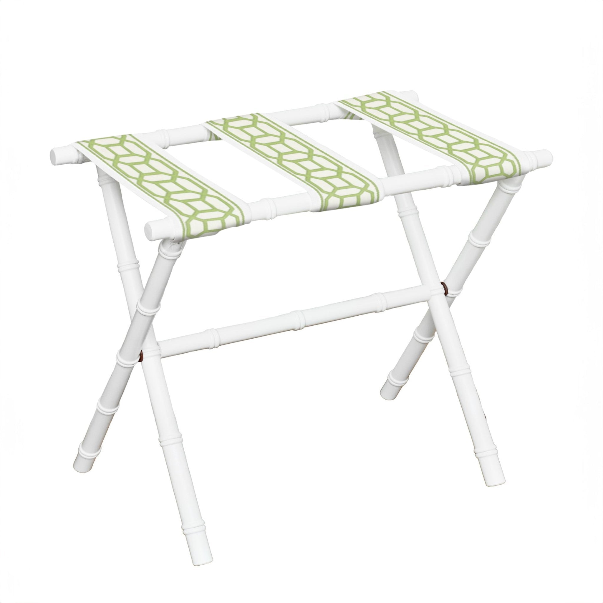 White Bamboo Inspired Wood Luggage Rack with Green Garden Gate 3