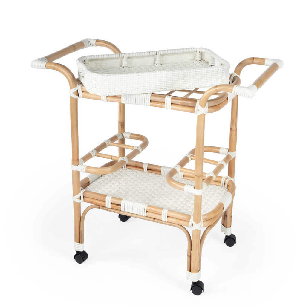 White and Natural Woven Rattan Serving Cart - The Well Appointed House