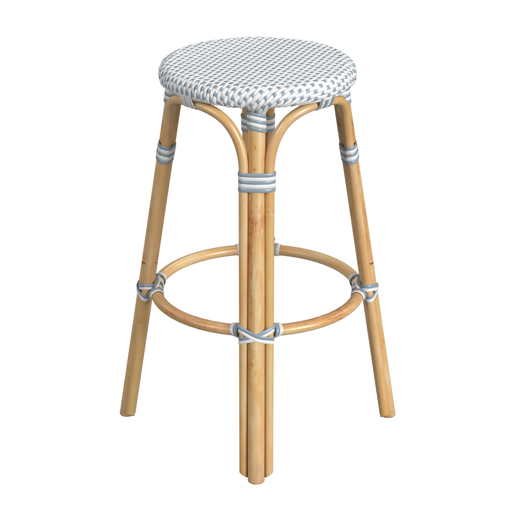 White and Sky Blue Rattan Frame Bar Stool - The Well Appointed House