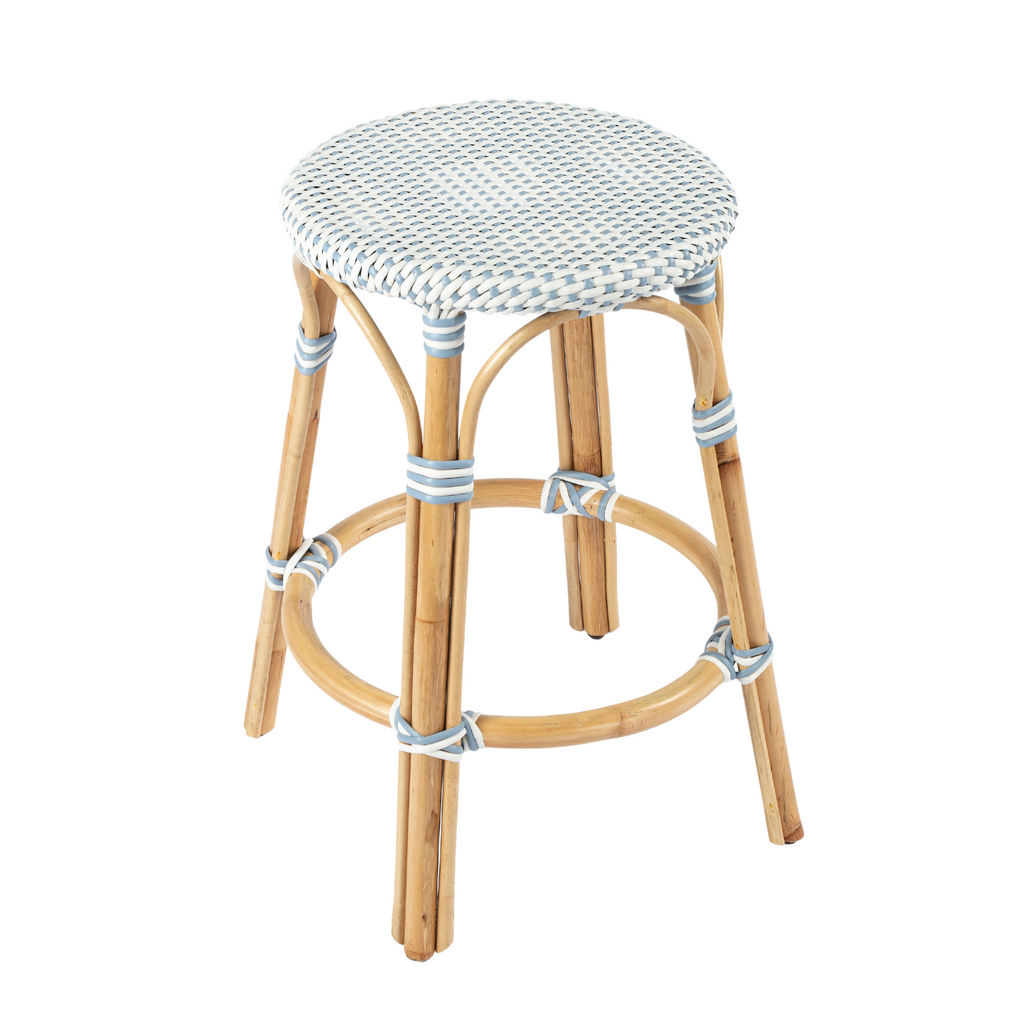 White and Sky Blue Rattan Frame Counter Stool - The Well Appointed House