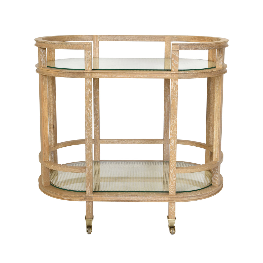 Zaina Cerused Oak, Glass & Cane Wheeled Bar Cart - Bar & Serving Carts - The Well Appointed House