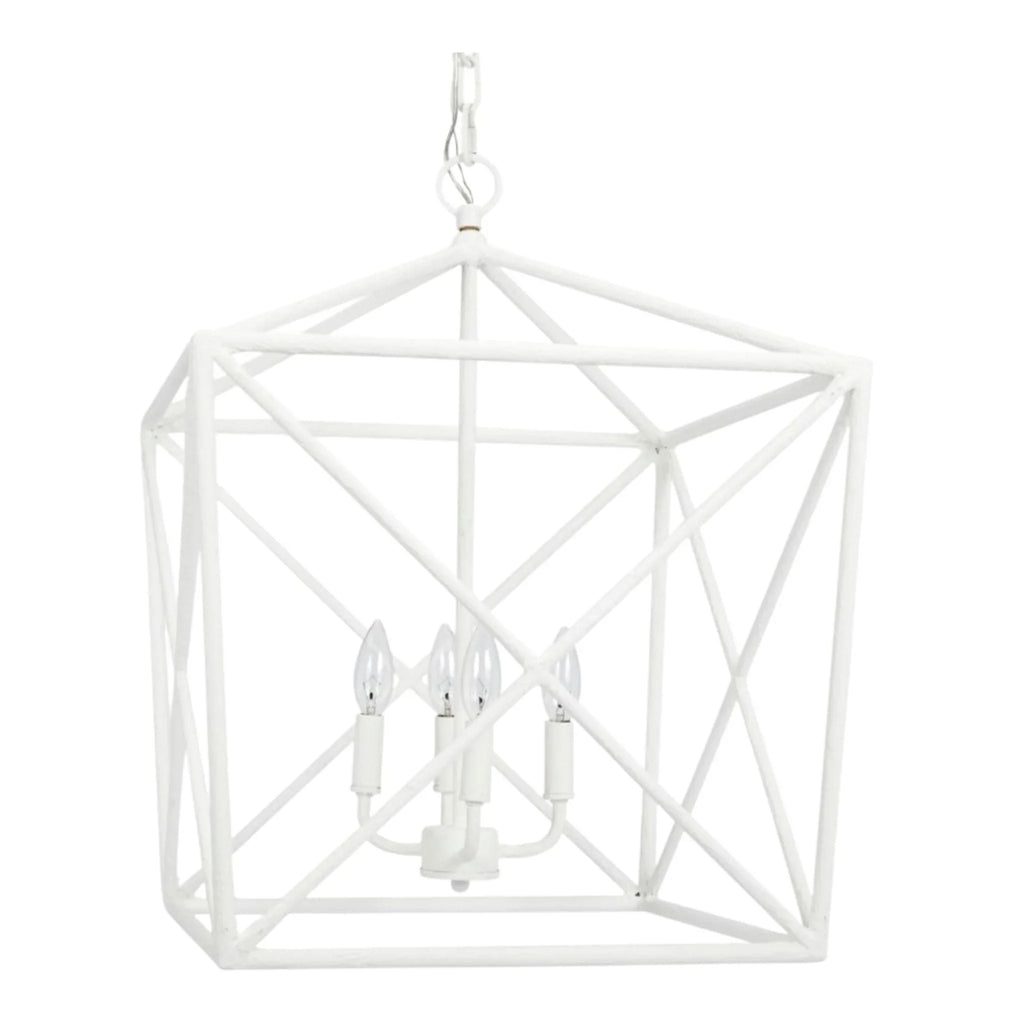 All White Hanging Cage Lantern With 4 Candlestick Lights - Chandeliers & Pendants - The Well Appointed House