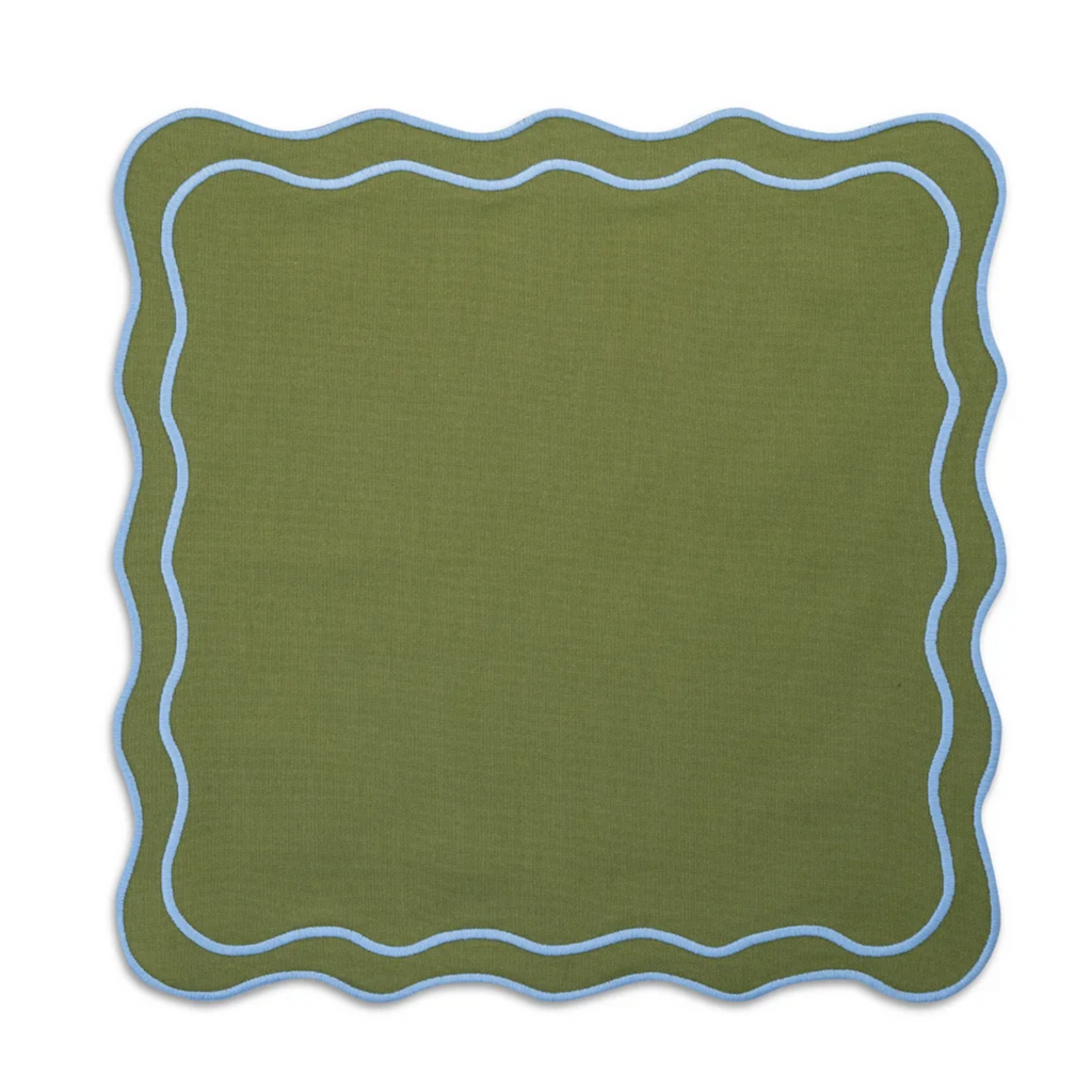 Square Green Linen Placemat With Light Blue Trim - The Well Appointed House