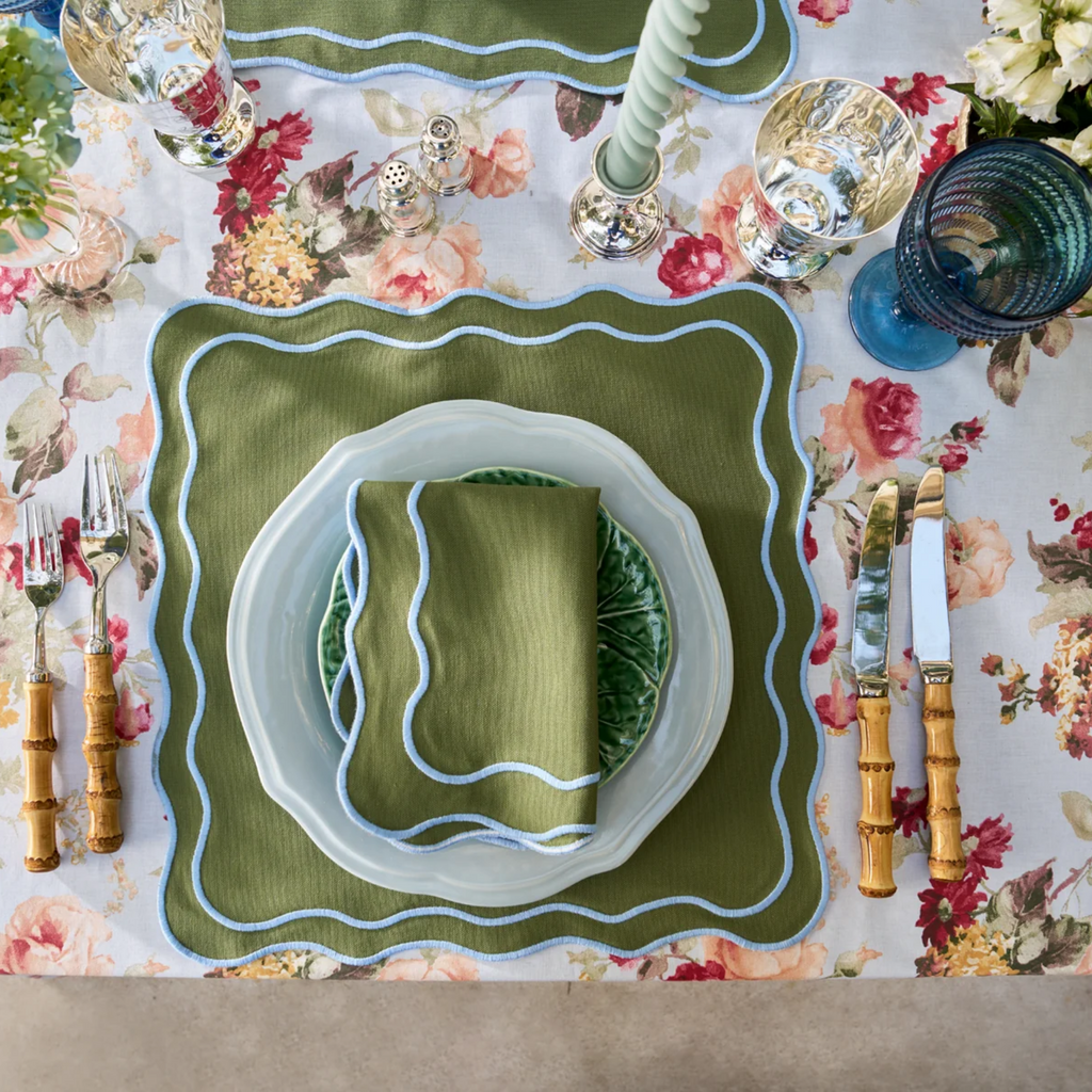Square Green Linen Placemat With Light Blue Trim - The Well Appointed House
