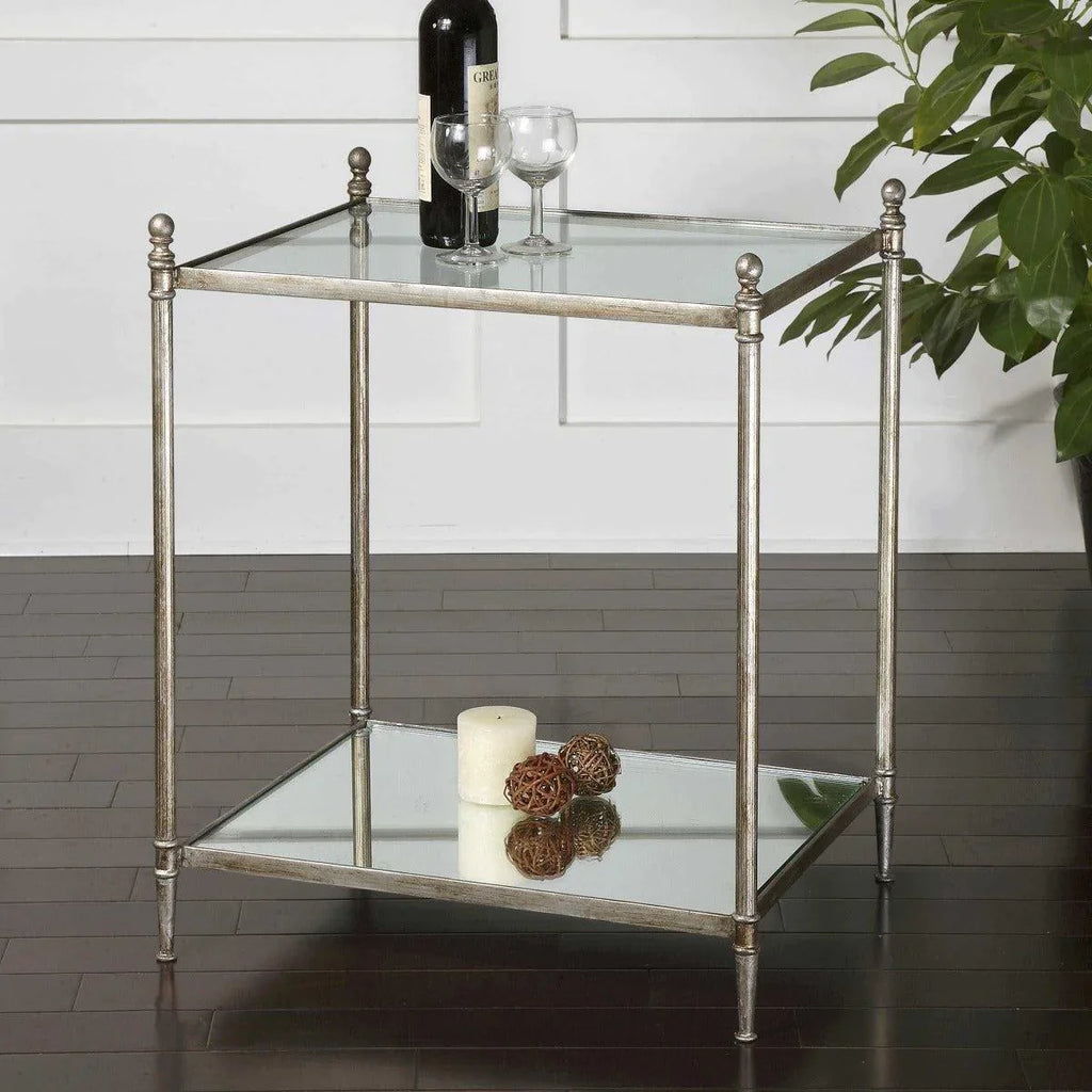 Antiqued Silver Leaf Iron End Table with Glass Top and Mirror Shelf - Side & Accent Tables - The Well Appointed House