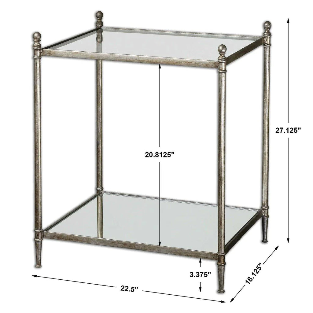 Antiqued Silver Leaf Iron End Table with Glass Top and Mirror Shelf - Side & Accent Tables - The Well Appointed House