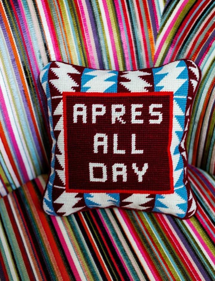 Apres All Day Ski Needlepoint Quote Pillow - Pillows - The Well Appointed House