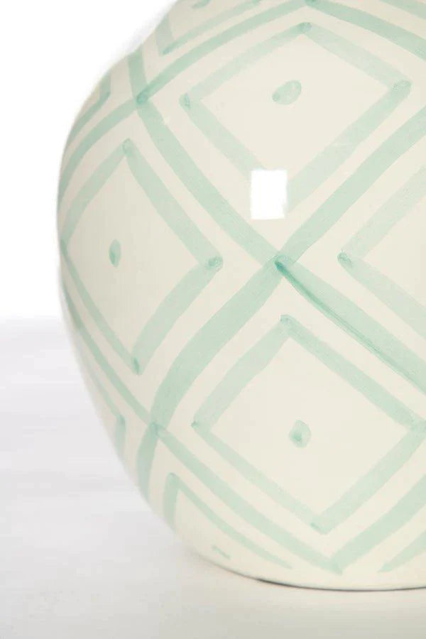 Aqua & White Geometric Ceramic Table Lamp with White Linen Shade - Table Lamps - The Well Appointed House