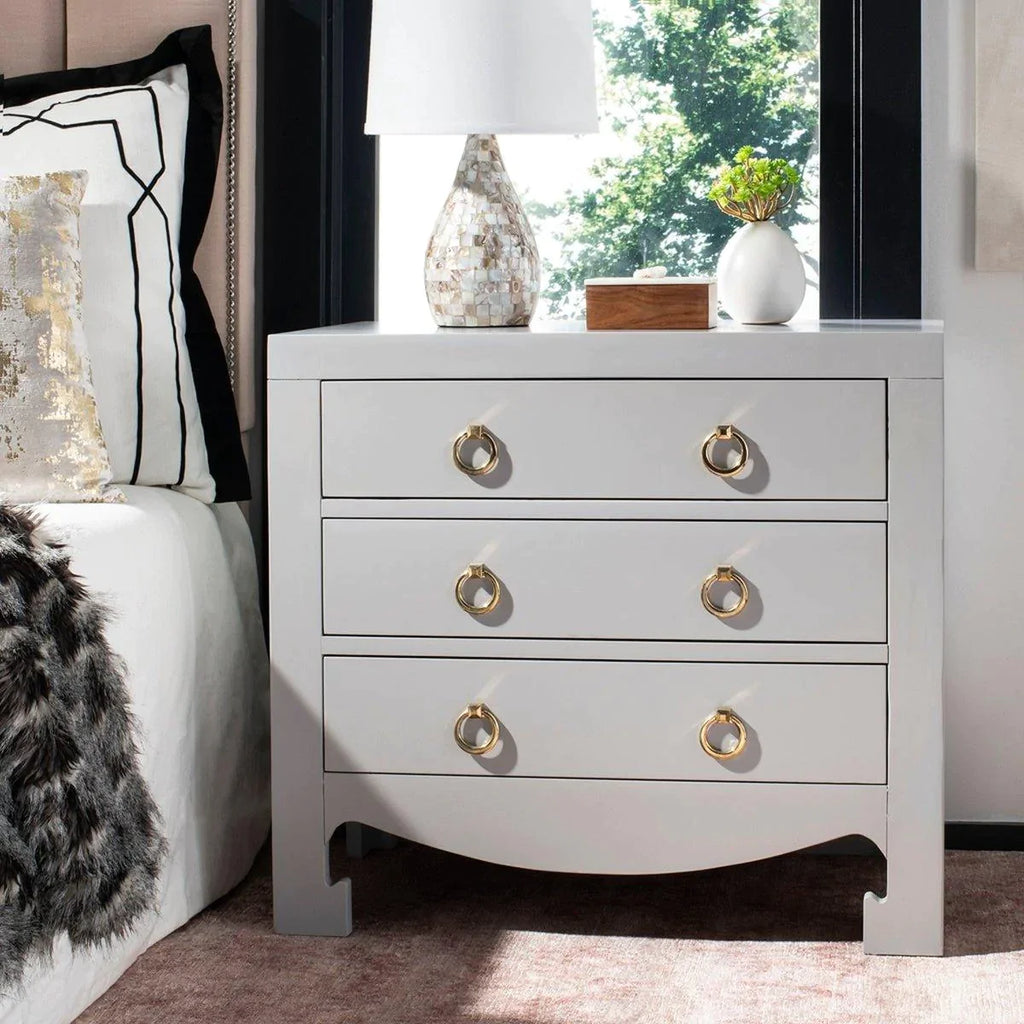 Asian Style Grey 3 Drawer Chest With Gold Hardware - Nightstands & Chests - The Well Appointed House