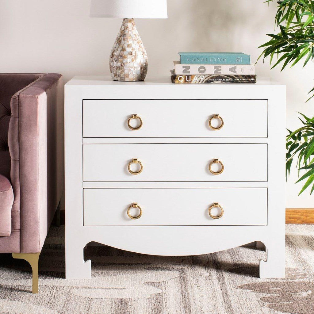 Asian Style White 3 Drawer Side Table With Gold Hardware - Nightstands & Chests - The Well Appointed House