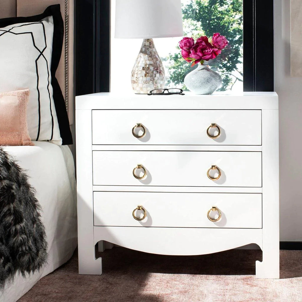 Asian Style White 3 Drawer Side Table With Gold Hardware - Nightstands & Chests - The Well Appointed House