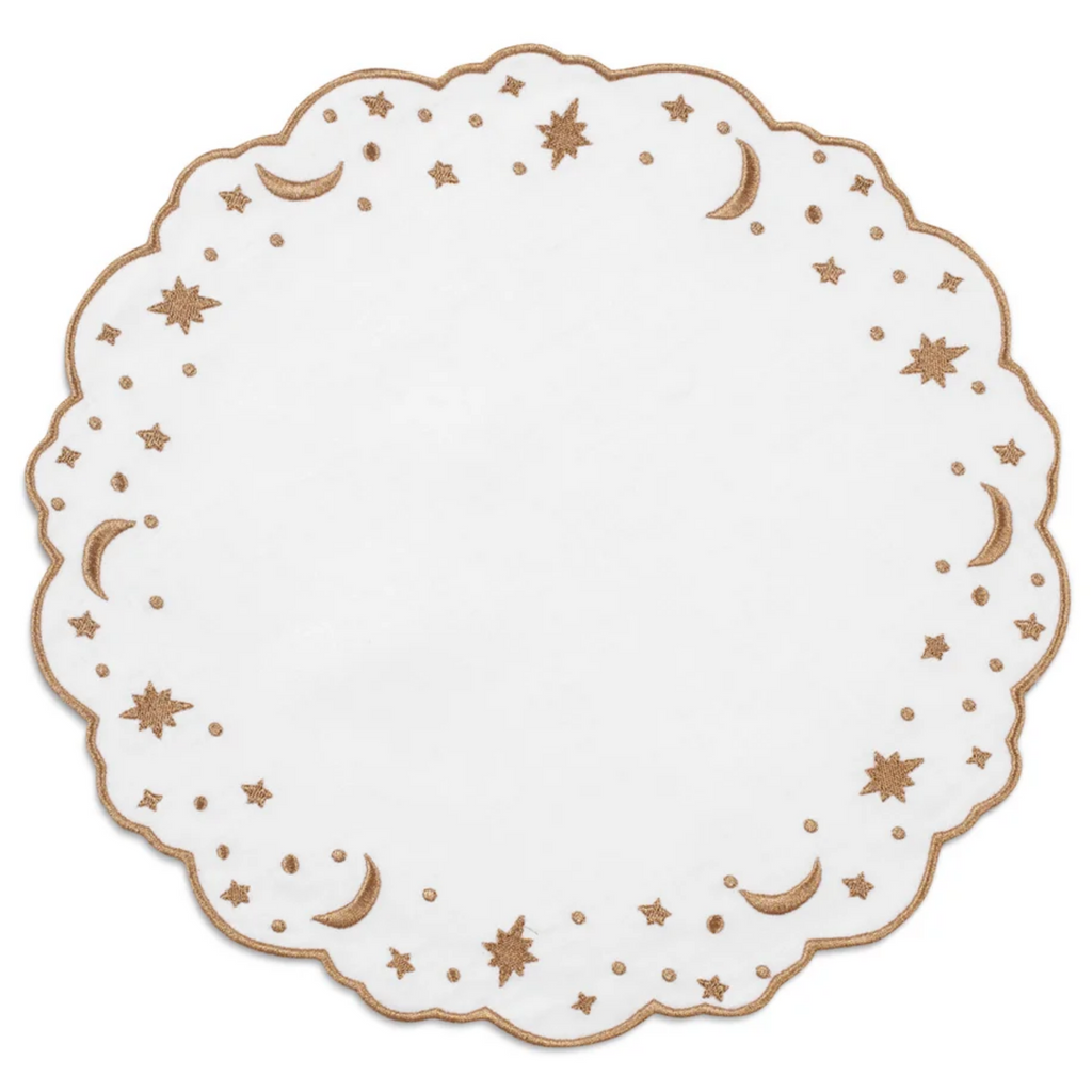 Round Linen White & Gold Embroidered Stars & Moons Placemat - The Well Appointed House