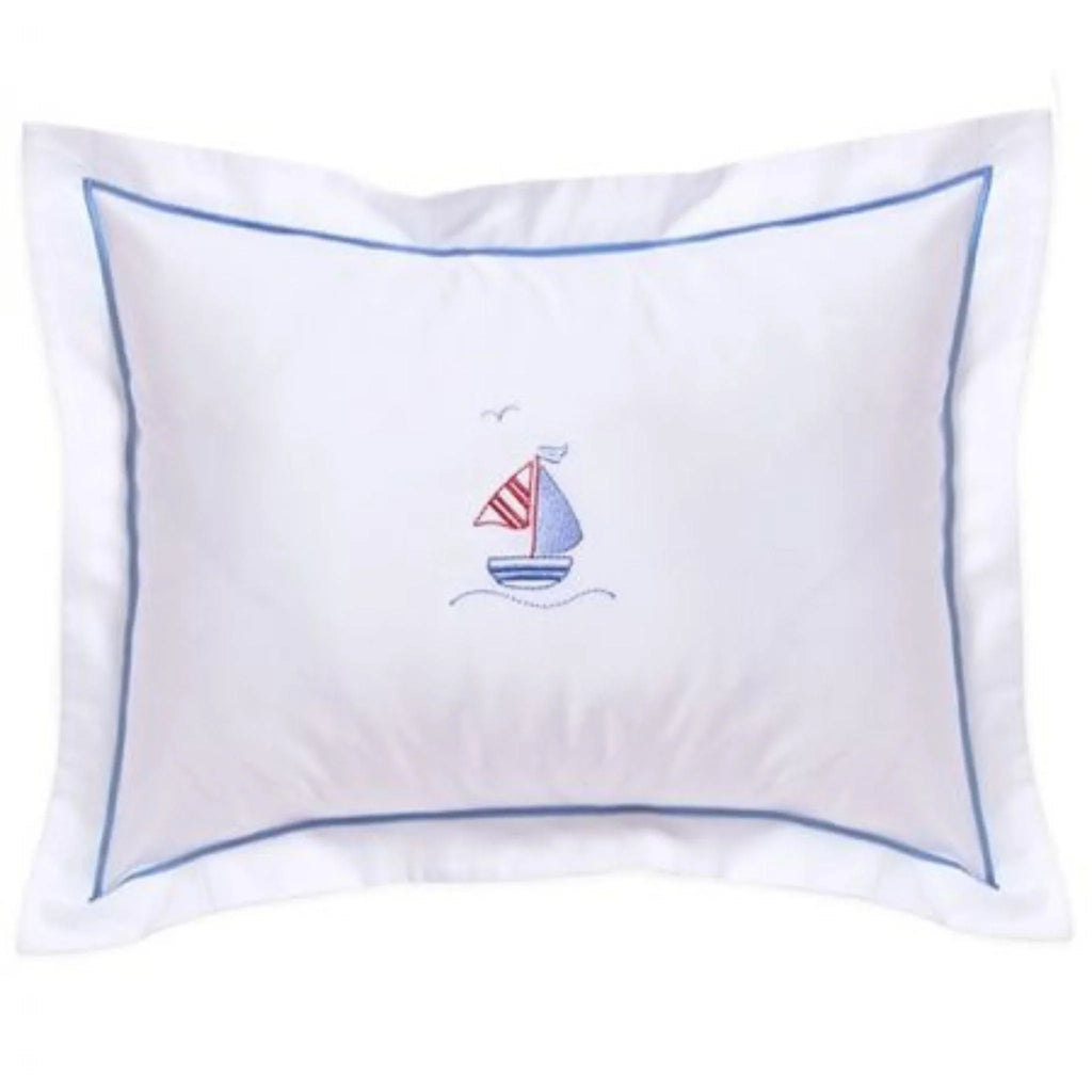 Baby Boudoir Pillow Cover with Embroidered Blue Sailboat and Seagull - Little Loves Pillows - The Well Appointed House