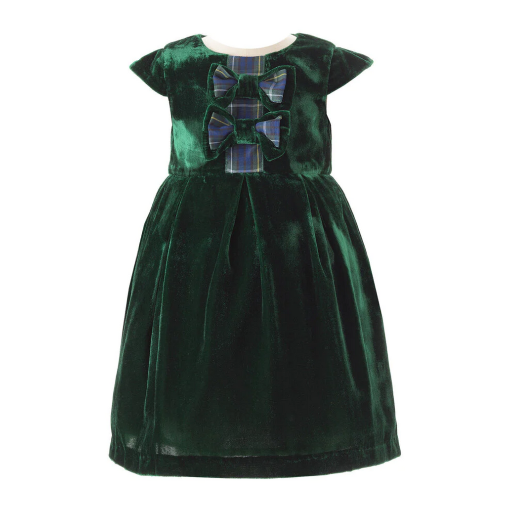 Rachel Riley Baby Girl Green Tartan Bow Velvet Dress - The Well Appointed House
