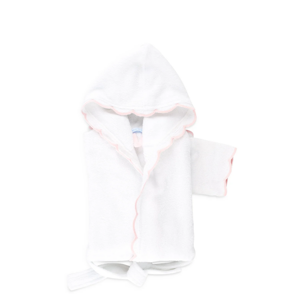 Baby Bathrobe With Scalloped Edges and Light Pink Trim - The Well Appointed House