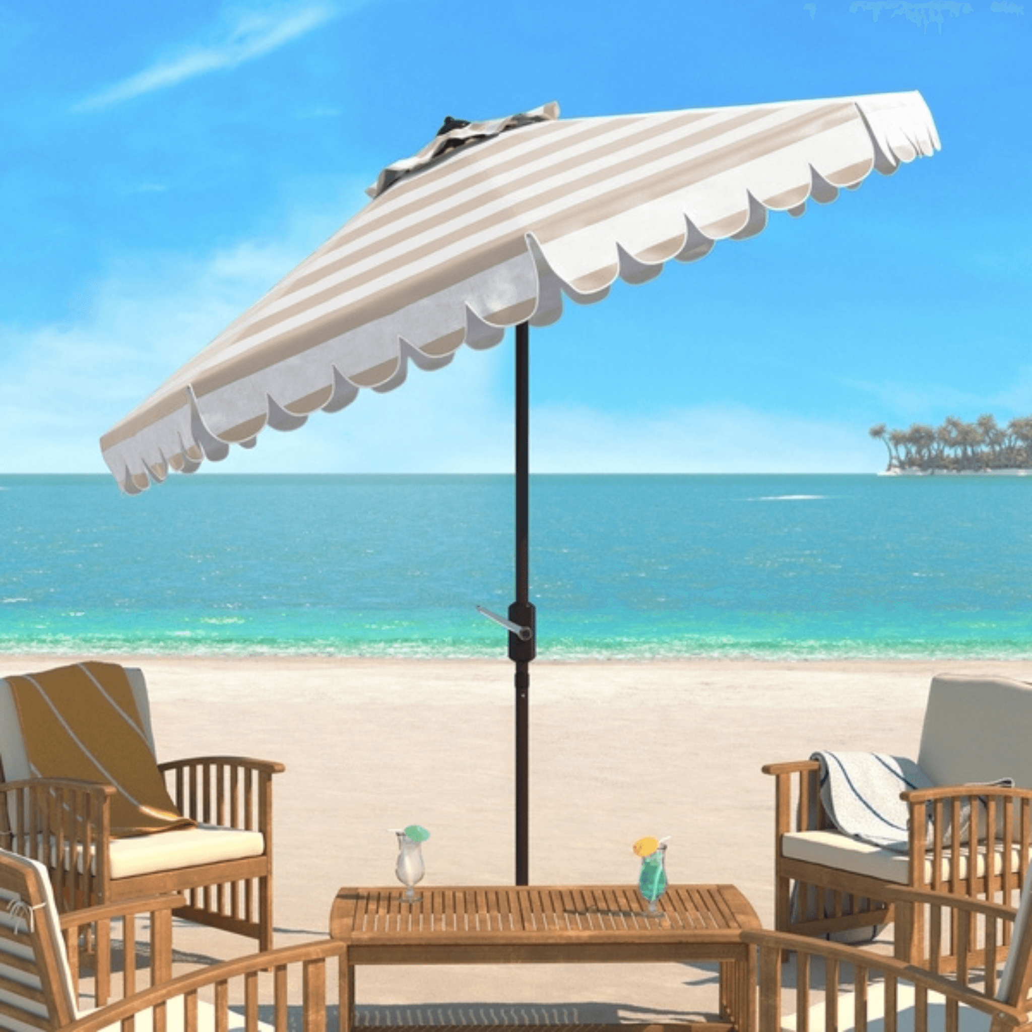 beige striped patio umbrella Maui Single Scallop Striped 9' Crank Auto Tilt Umbrella - Beige/White