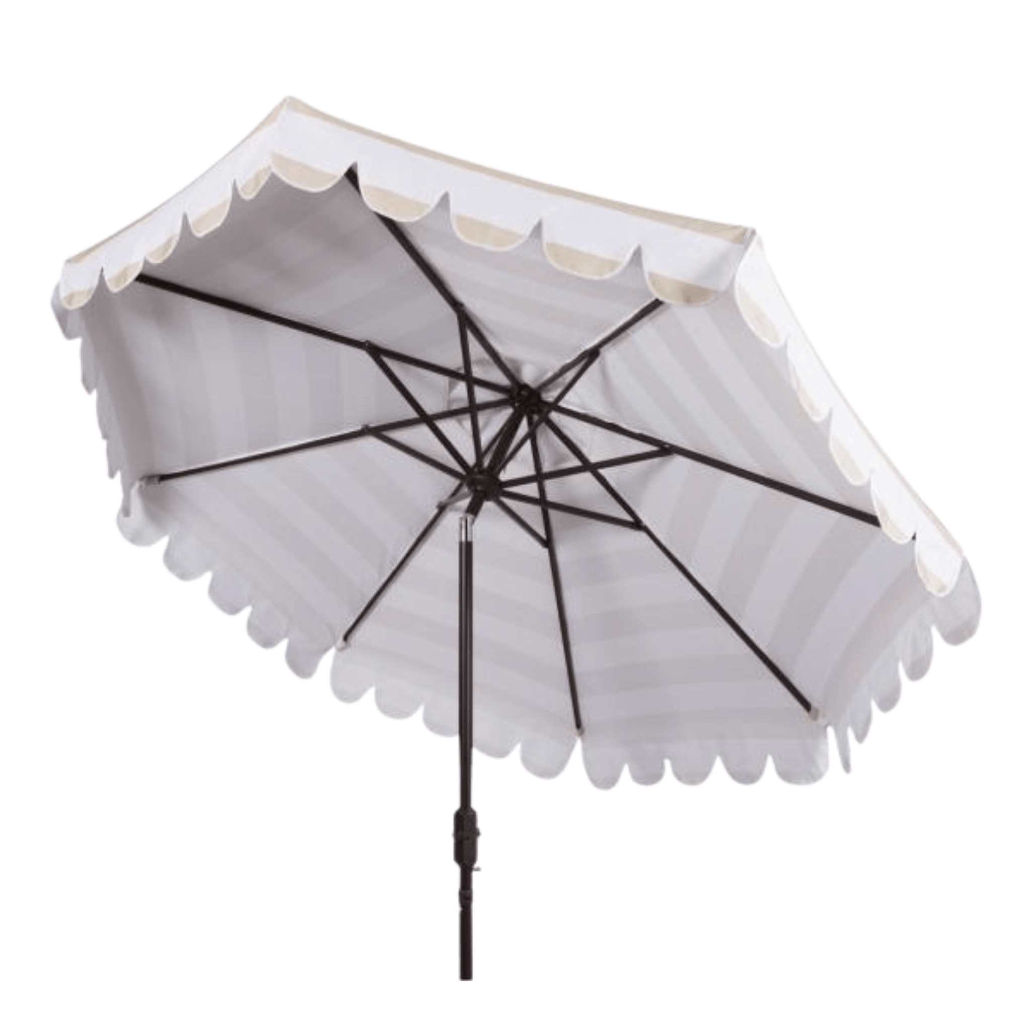 beige patio umbrella with scalloped edge Maui Single Scallop Striped 9' Crank Auto Tilt Umbrella - Beige/White