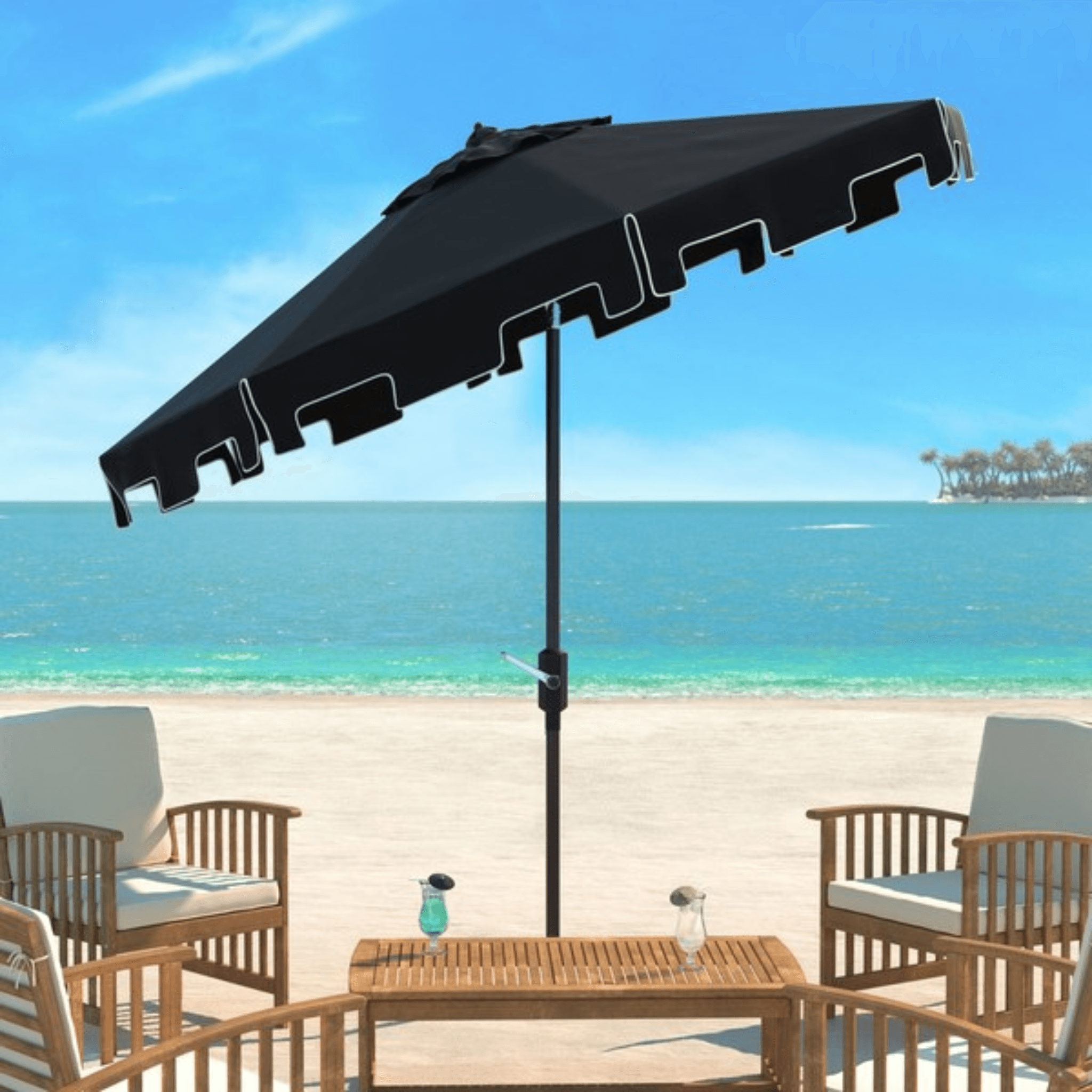 cheap black patio umbrellas Safavieh UV Resistant Zimmerman 9 ft Crank Black/ White Market Umbrella