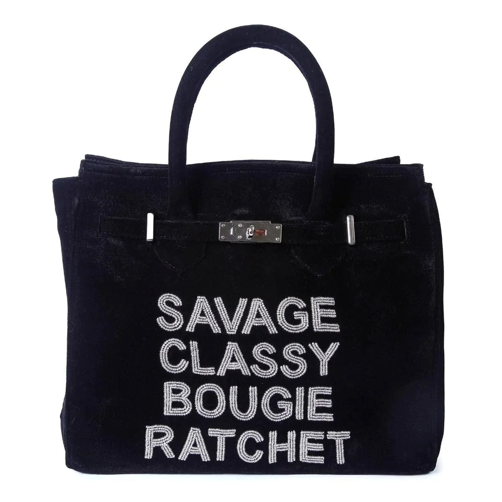 Black Velvet Beaded "Savage Classy Bougie Ratchet" Tote - Gifts for Her - The Well Appointed House