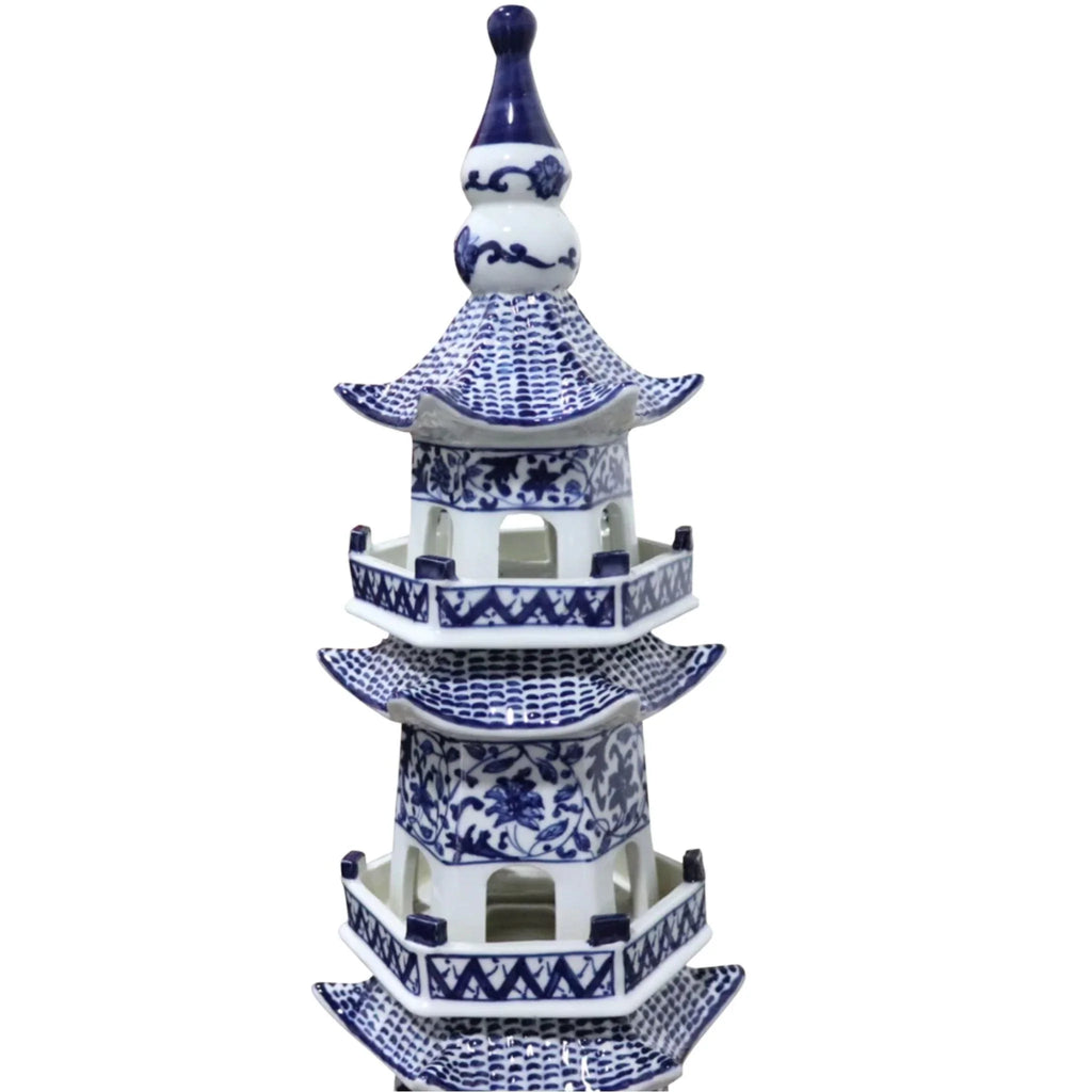 Blue and White 7 Tier Decorative Porcelain Pagoda Statue With Twisted Vine Motif - Decorative Objects - The Well Appointed House