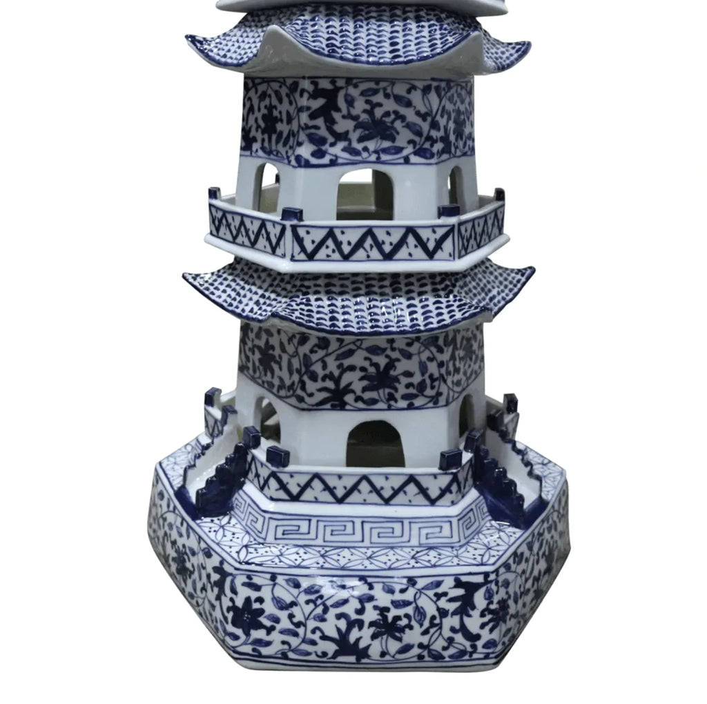 Blue and White 7 Tier Decorative Porcelain Pagoda Statue With Twisted Vine Motif - Decorative Objects - The Well Appointed House