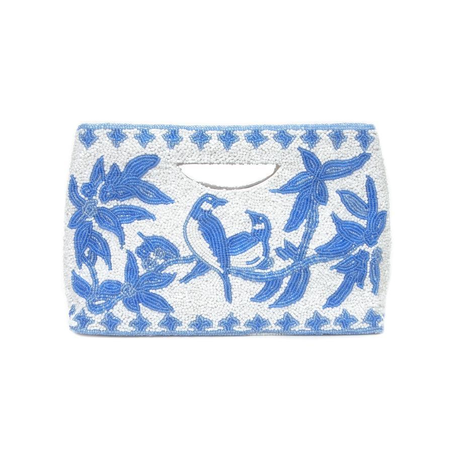 Blue & White Beaded Bird Motif Handbag With Gusset - Gifts for Her - The Well Appointed House