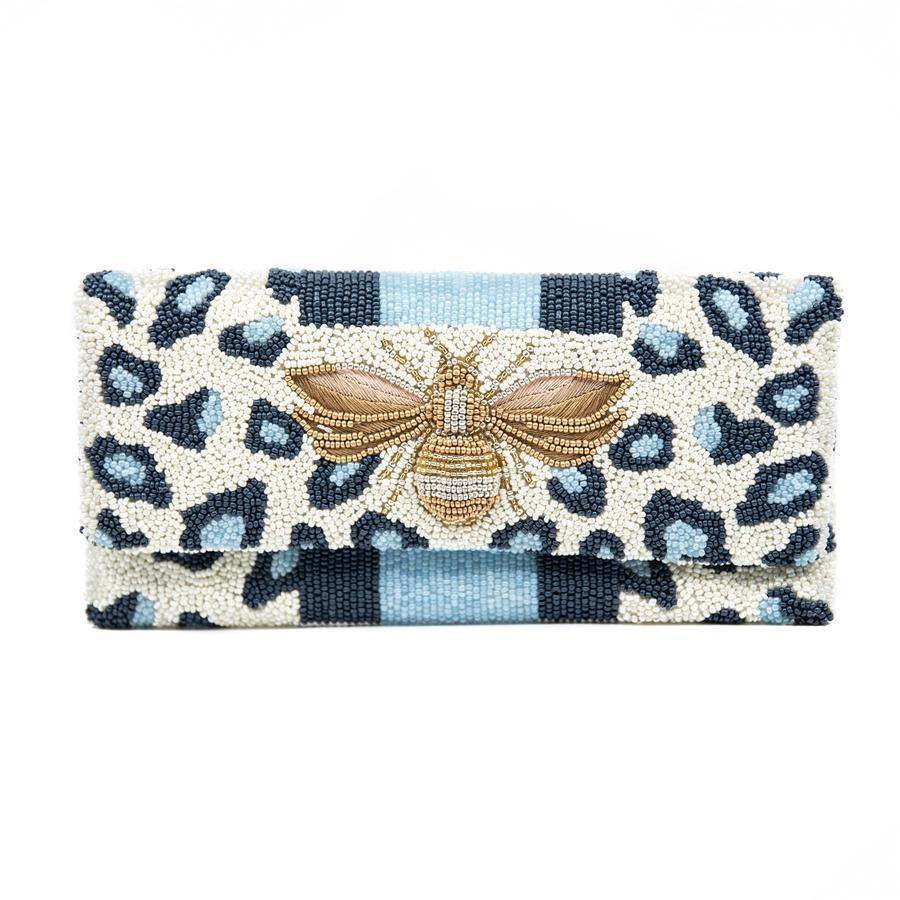 Blue & White Beaded Leopard Motif Envelope Style Clutch With Gold Bee - Gifts for Her - The Well Appointed House