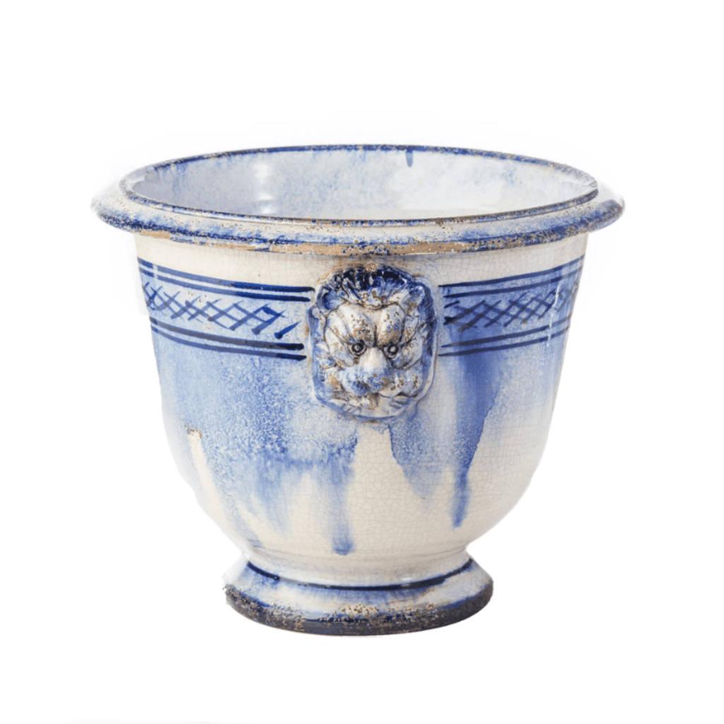 Blue and White Ceramic Lionshead Cachepot - Indoor Planters - The Well Appointed House