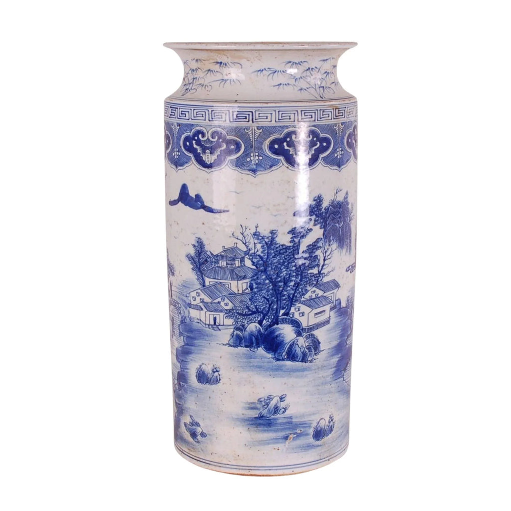 Blue and White Chinoiserie Landscape Porcelain Umbrella Stand - Umbrella Stands - The Well Appointed House