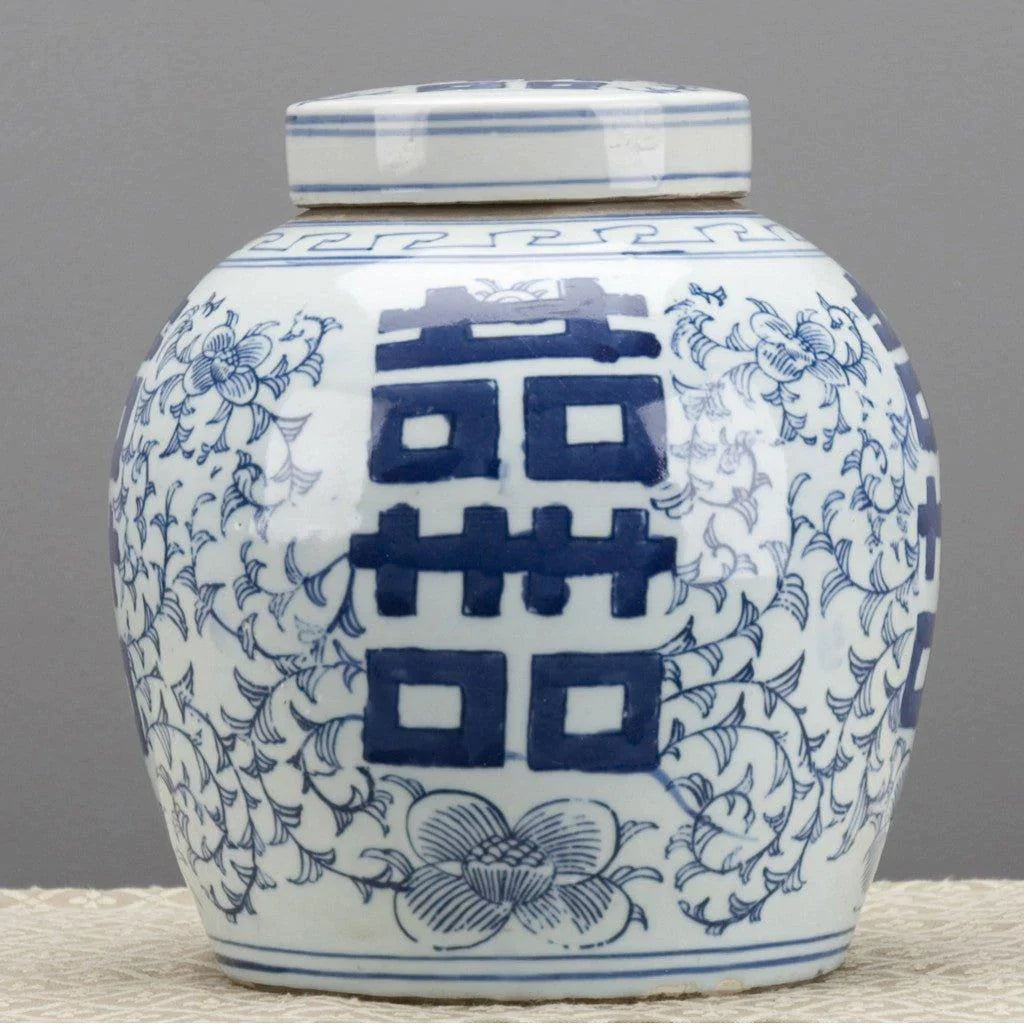 Blue and White Double Happiness Lidded Jar - Vases & Jars - The Well Appointed House