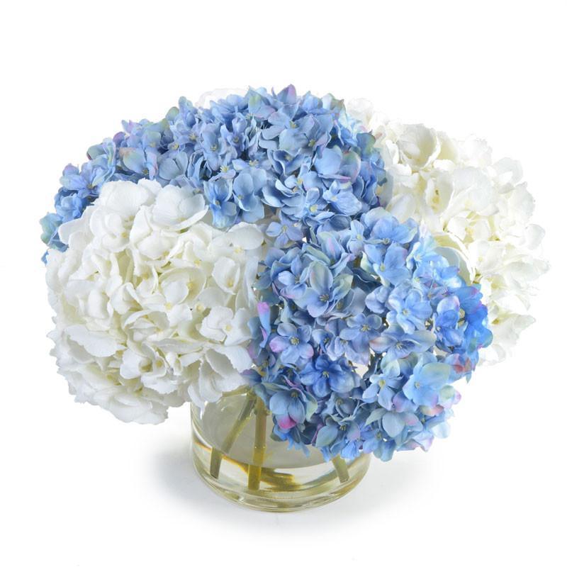 Blue and White Faux Hydrangea Arrangement in Glass Cylinder - Florals & Greenery - The Well Appointed House