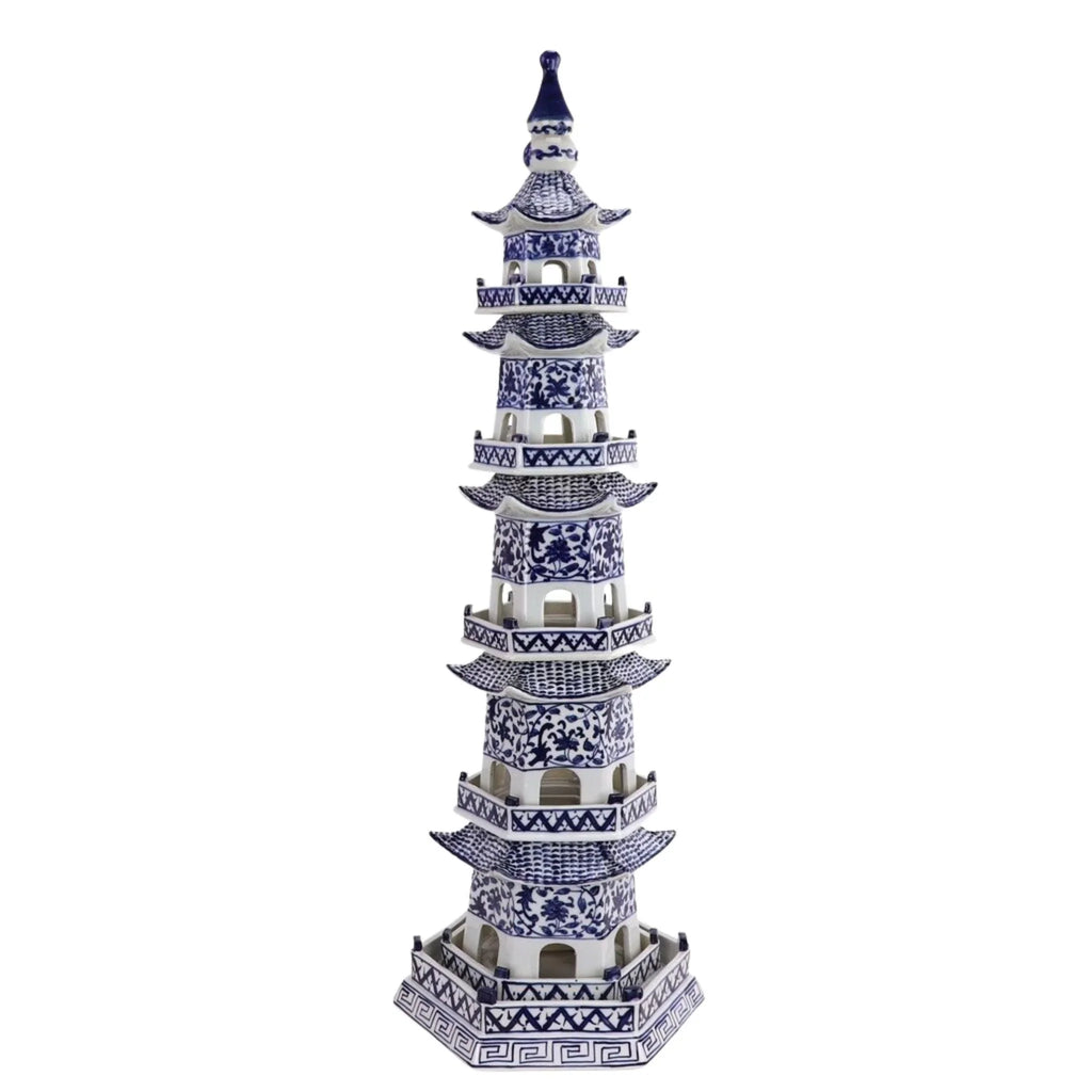 Blue and White Five Tier Porcelain Decorative Pagoda Statue with Twisted Vine Motif - Decorative Objects - The Well Appointed House