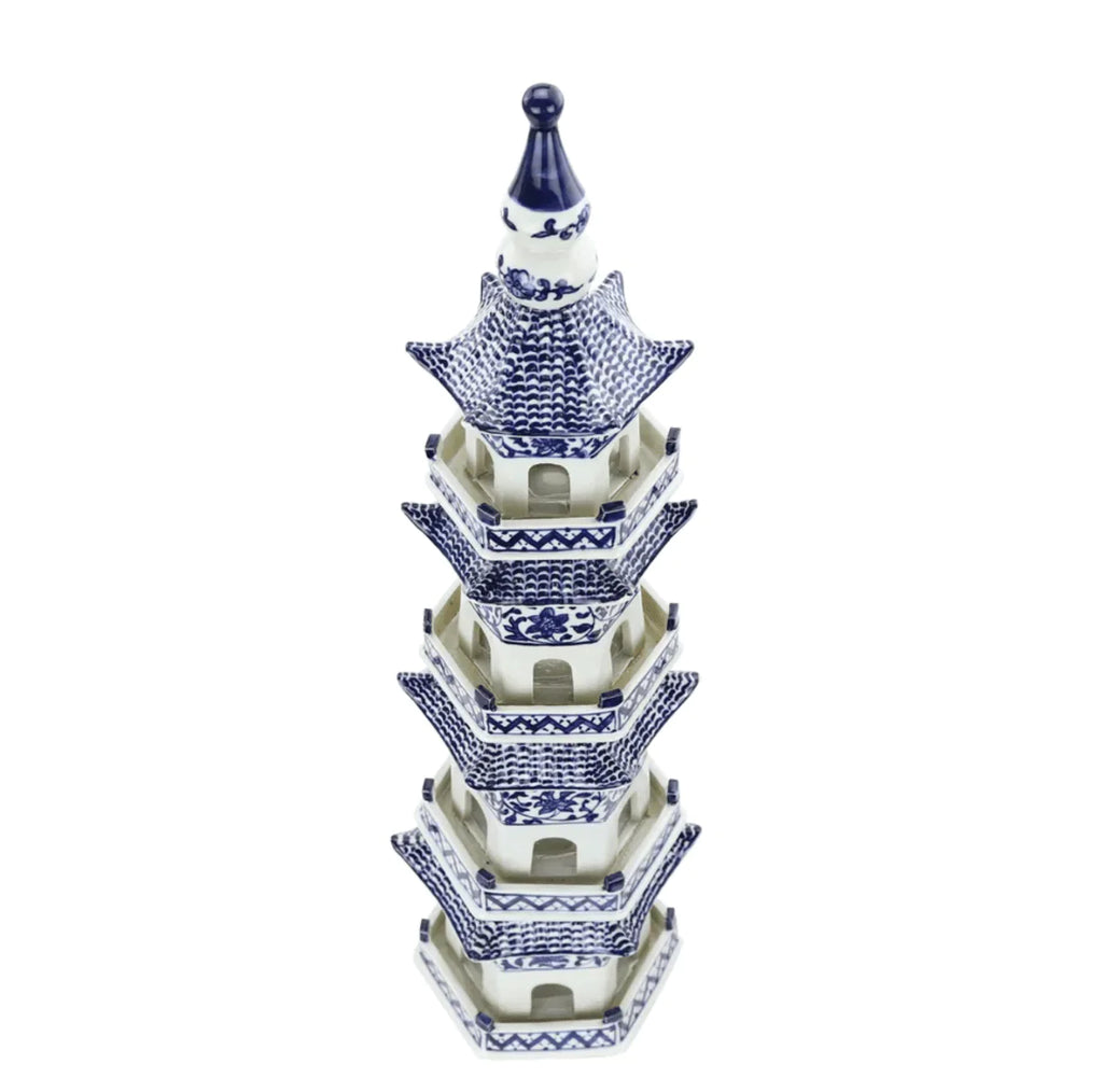 Blue and White Five Tier Porcelain Decorative Pagoda Statue with Twisted Vine Motif - Decorative Objects - The Well Appointed House